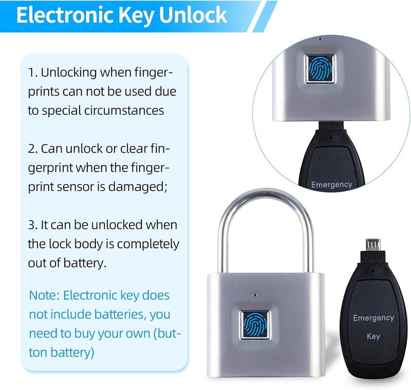 KENRONE Fingerprint Padlock with Emergency Key, IP66 Waterproof and Rustproof, Outdoor Indoor Universal Smart Lock for Warehouses, Gym, Schools, Homes, Office Cabinets(Sliver-Plus) - Image 3